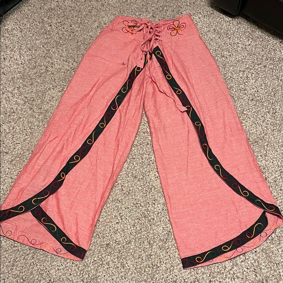 Vintage Pants - Vintage Nepalese drawstring waist red Wide-Leg Pants with Embroidered Trim